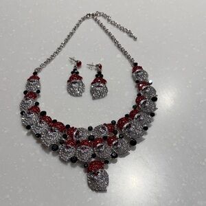 Elegant Silver and Red Santa Rhinestone Necklace and Earring Set